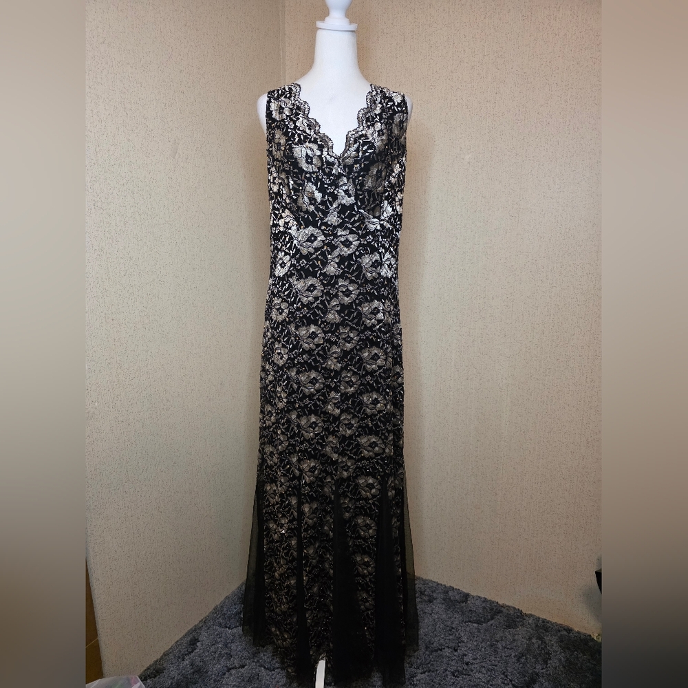Candalite Womens Silver/Black Lace/ Sequin Formal Fairy Maxi Evening Dress Sz:LG